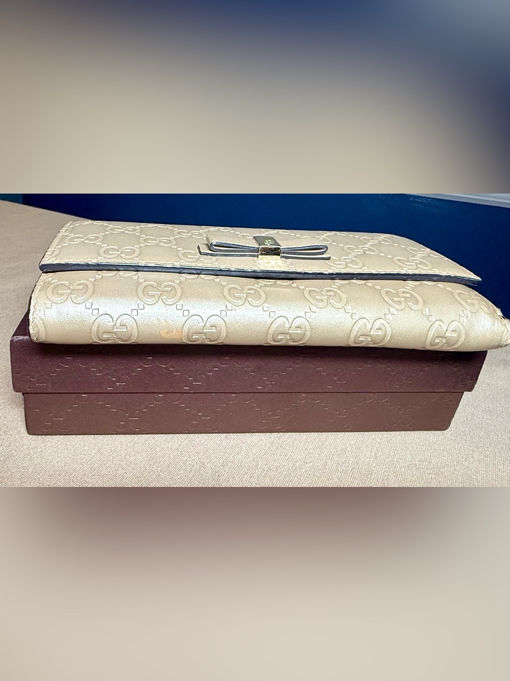Authentic Gucci Guccissima GG Bow Continental Wallet /Unbranded Chain Gold/Cream - Picture 5 of 16
